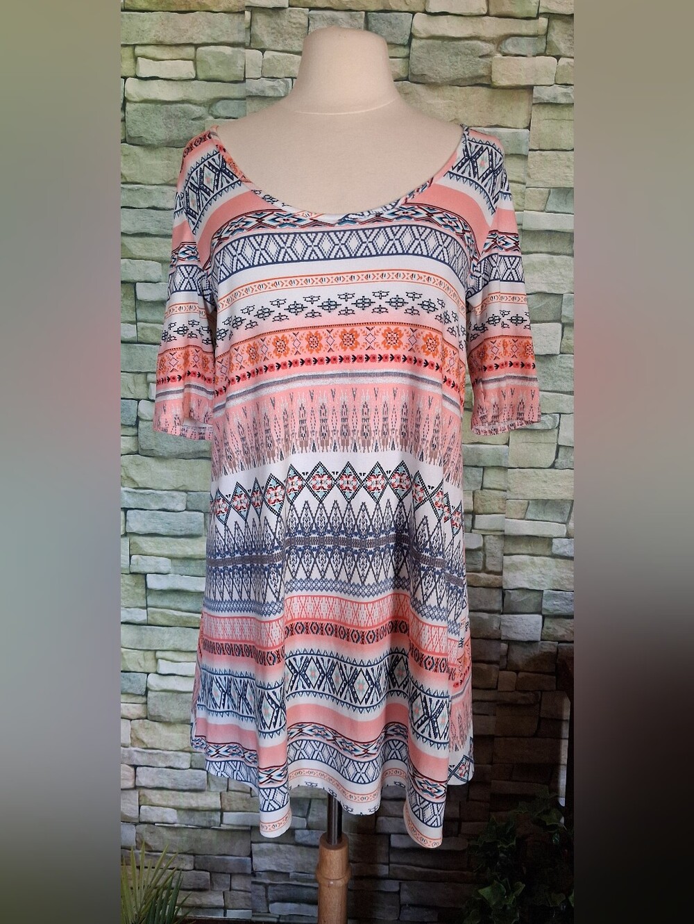 Medium Vanity Pink Navy Striped Aztec Tribal  Mini Swing Dress
